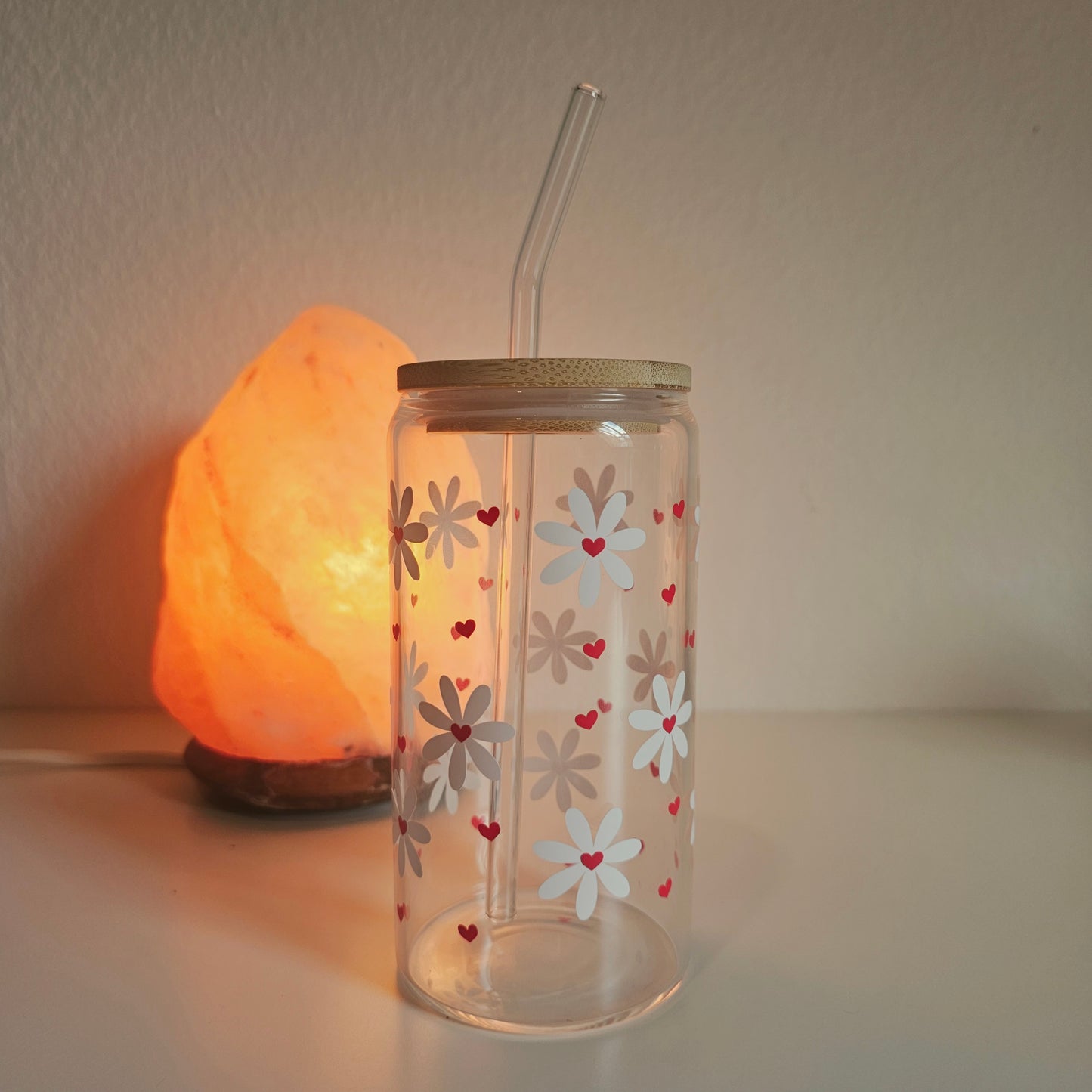 Verre fleuri avec couvercle en bambou