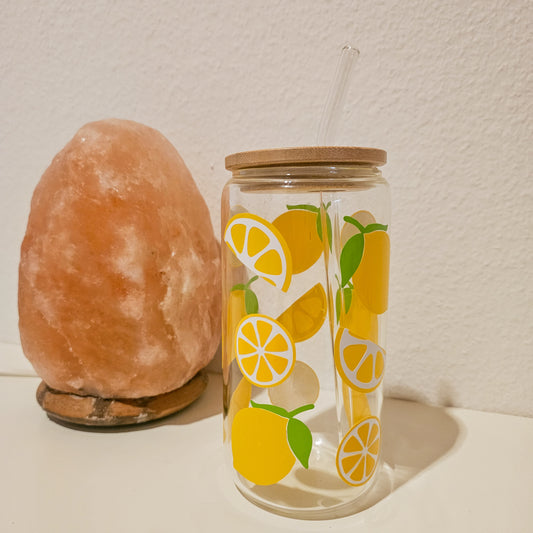 Verre citron avec couvercle en bambou et paille réutilisable