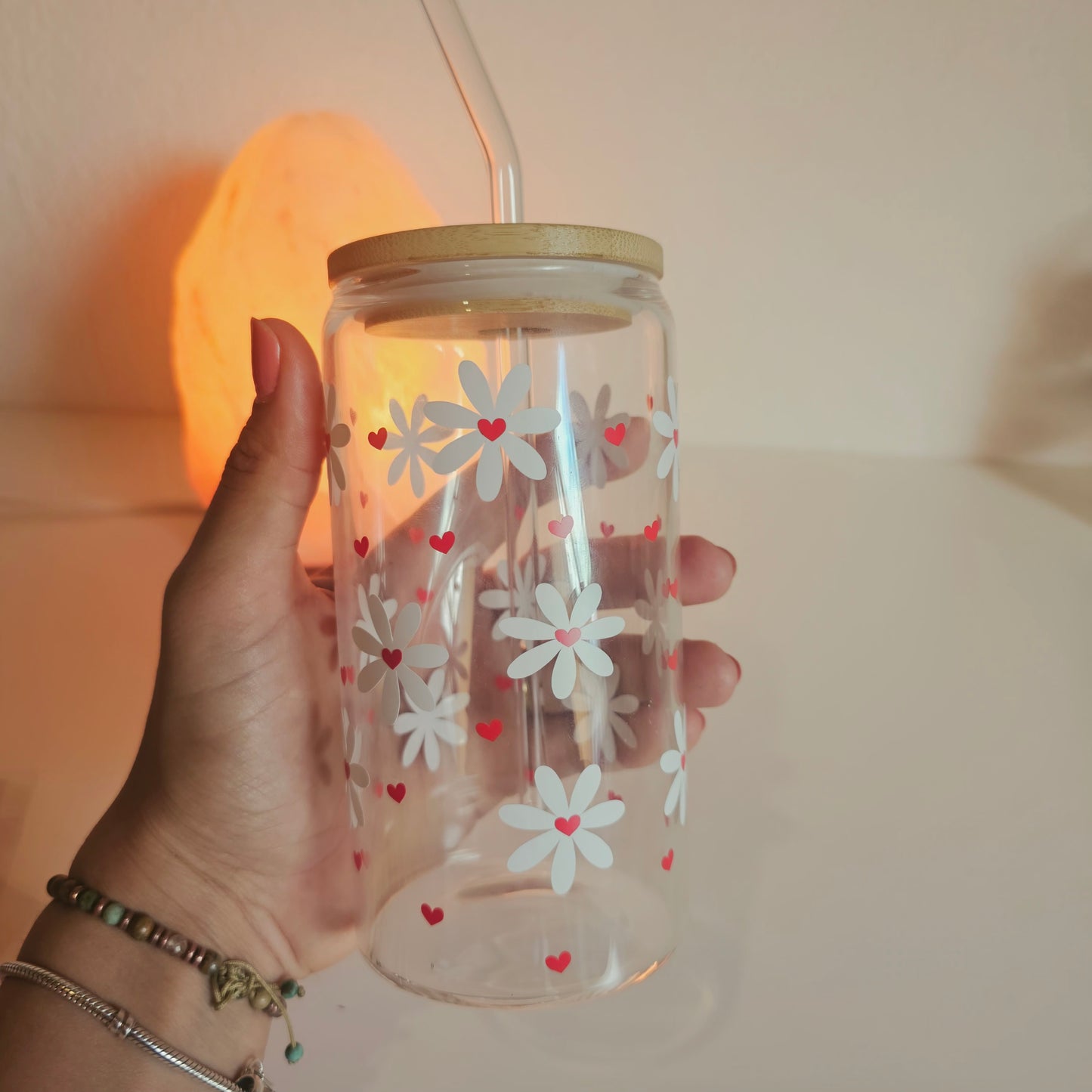 Verre fleuri avec couvercle en bambou