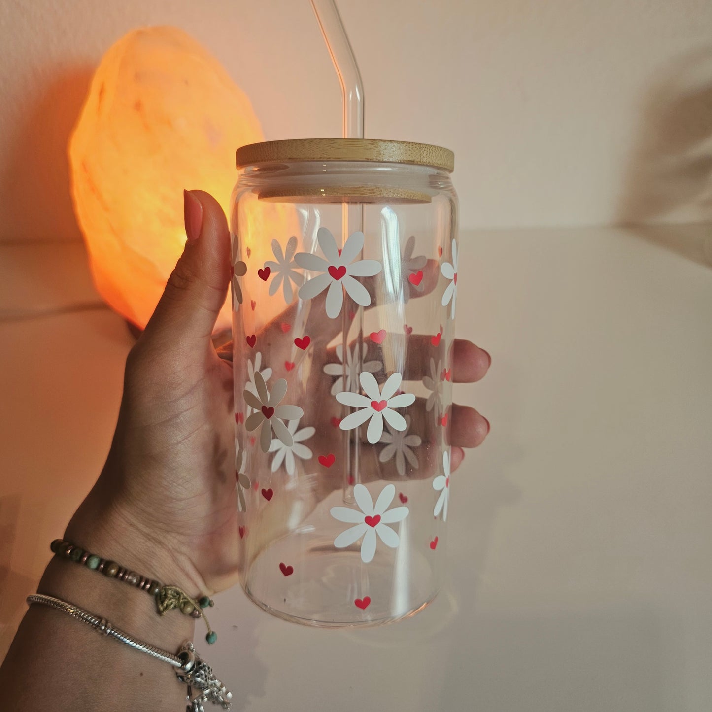 Verre fleuri avec couvercle en bambou
