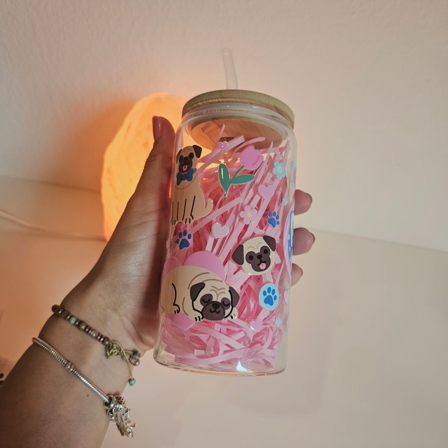 Verre Pug avec couvercle en bambou et paille réutilisable