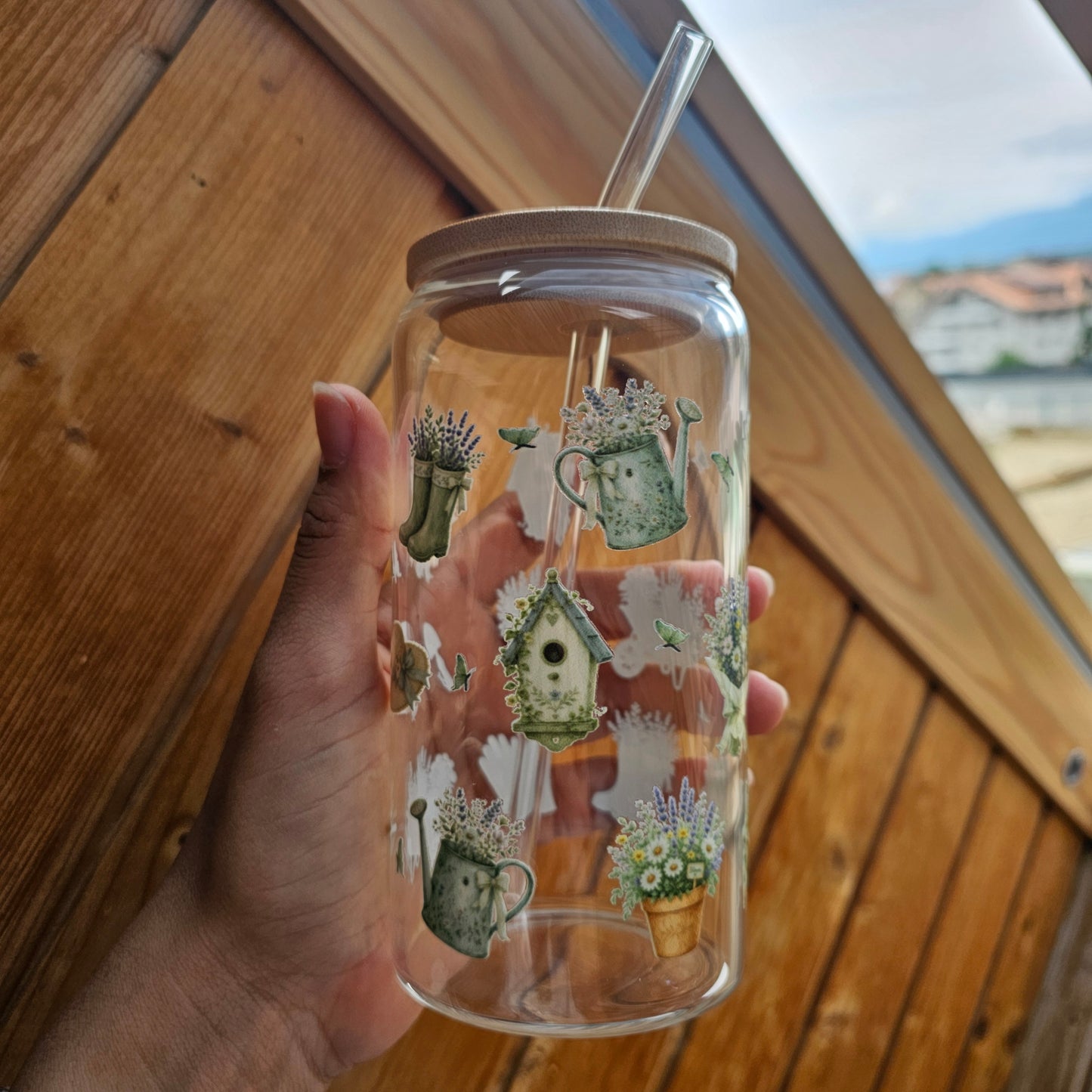 Verre fleuri avec couvercle en bambou