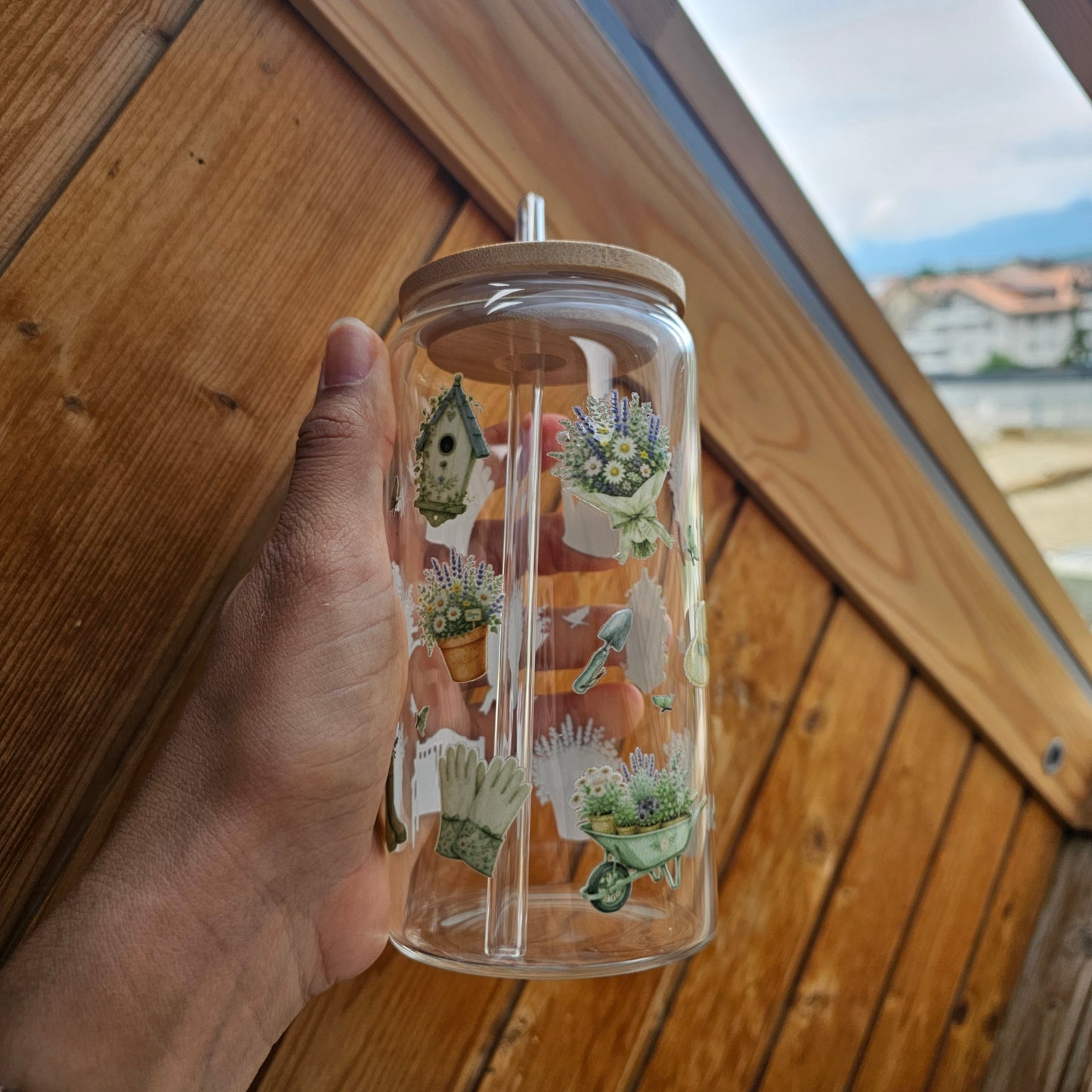 Verre fleuri avec couvercle en bambou